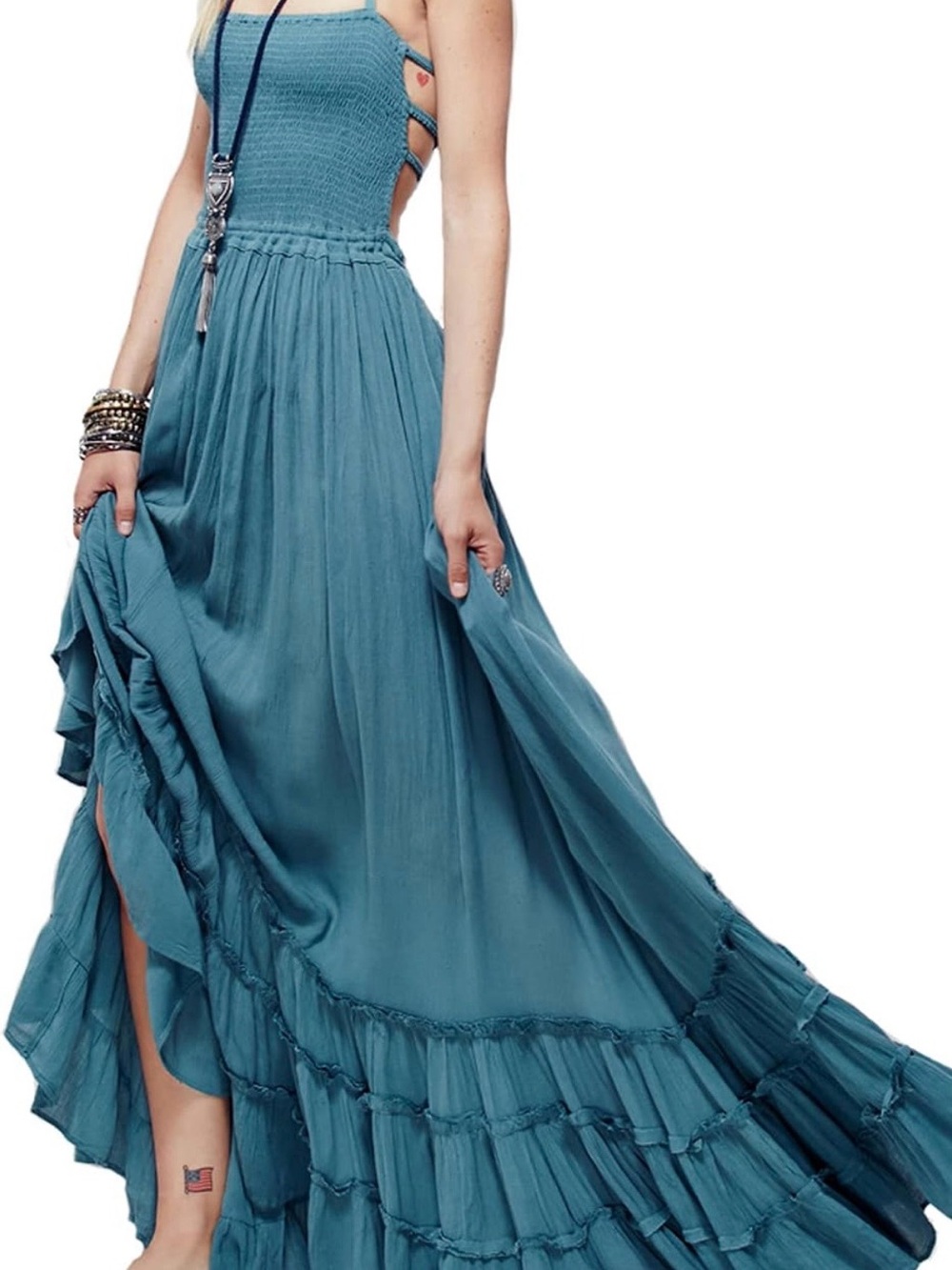 Flowy Teal Tiered Maxi Skirt with Ruffle Hem